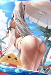 Rule 34 | &gt; &lt;, 1girl, absurdres, arched back, ass, azur lane, bare shoulders, beach umbrella, bent over, bikini, bird, blue sky, bow, breasts, chick, cloud, day, detached sleeves, drake (azur lane), drake (the golden hind&#039;s respite) (azur lane), from behind, hair bow, halterneck, highres, large breasts, light rays, long hair, manjuu (azur lane), multi-strapped bikini, numaguro (tomokun0808), outdoors, palm tree, ponytail, see-through, silver hair, sky, solo, standing, string bikini, sunbeam, sunlight, swimsuit, thighs, tree, umbrella, wading, water, wet, white bikini