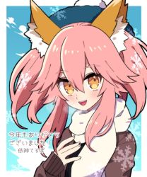 Rule 34 | 1girl, :d, animal ear fluff, animal ears, black sweater, blue sky, bow, brown coat, cloud, coat, eyes visible through hair, fang, fate/extra, fate/grand order, fate (series), fingernails, fox ears, fox girl, green hat, hair between eyes, hair bow, hair ribbon, hand on own chest, hat, highres, light blush, long sleeves, looking at viewer, official alternate costume, open mouth, pink hair, ribbon, scarf, sidelocks, sky, smile, snowflakes, solo, sweater, tamamo (fate), tamamo no mae (fate/extra), teeth, white scarf, winter, winter clothes, winter coat, yellow eyes, yoriteruru