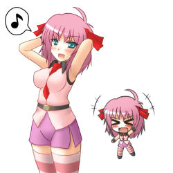 Rule 34 | 1girl, aqua eyes, armpits, arms behind head, between breasts, blush, breasts, chibi, closed eyes, hair ribbon, large breasts, looking at viewer, necktie, note, open mouth, original, pink hair, ribbon, short hair, speech bubble, striped clothes, striped thighhighs, thighhighs, yani tama