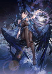 Rule 34 | 1girl, arm up, artist name, atdan, bare shoulders, bird, black hair, blue dress, blue eyes, blue hair, bodysuit, bodysuit under clothes, breasts, breasts apart, commentary, crow, dress, english commentary, feathered wings, feet, full body, heiyaya (atdan), highres, in tree, large breasts, long hair, looking at viewer, multicolored hair, no shoes, original, parted lips, revision, sitting, sitting in tree, soles, solo, streaked hair, toes, tree, very long hair, wings