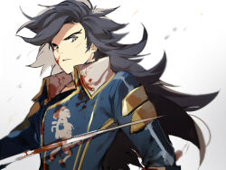 Rule 34 | 1boy, blood, blood on clothes, blood on face, bloody weapon, blue jacket, bravely default (series), bravely second: end layer, collared jacket, commentary, grey eyes, holding, holding weapon, jacket, janne angard, kaemonn, long hair, long sleeves, male focus, parted lips, sideburns, simple background, solo, weapon, white background