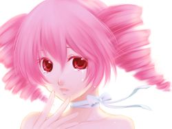 Rule 34 | 1girl, bad id, bad pixiv id, bare shoulders, choker, drill hair, kasane teto, nez-doll, pink hair, portrait, red eyes, ribbon, simple background, solo, tears, twin drills, twintails, upper body, utau, vocaloid