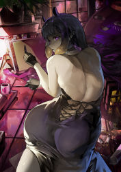 Rule 34 | 1girl, absurdres, ass, back, back focus, backless outfit, black gloves, cage, coffee mug, cup, dress, gloves, glowing, glowing eyes, gradient hair, highres, hololive, hololive english, kneeling, long hair, looking back, mug, multicolored hair, ninomae ina&#039;nis, orange hair, plant, pointy ears, purple dress, purple hair, shaded face, stuffed toy, stylus, sunlight, tablet pc, takodachi (ninomae ina&#039;nis), virtual youtuber, vyragami, window