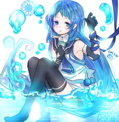 Rule 34 | 10s, 1girl, black thighhighs, blue eyes, blue hair, bubble, elbow gloves, flower, full body, gloves, gradient hair, hand on own chest, hand up, highres, kantai collection, long hair, looking at viewer, matching hair/eyes, multicolored hair, nora (salatto), open mouth, sailor collar, samidare (kancolle), school uniform, serafuku, shirt, sitting, sleeveless, sleeveless shirt, solo, swept bangs, thighhighs, torn clothes, torn gloves, very long hair