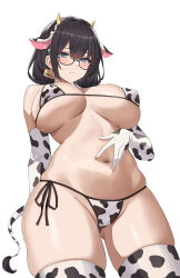 Rule 34 | 1girl, absurdres, animal ears, animal print, arm behind back, bare shoulders, bikini, bilei, black hair, blue eyes, blush, breasts, closed mouth, cow ears, cow horns, cow print, cow tail, cowboy shot, elbow gloves, fake animal ears, fake horns, fake tail, glasses, gloves, gluteal fold, hair ornament, hairband, highres, horns, large breasts, looking at viewer, micro bikini, navel, original, side-tie bikini bottom, simple background, solo, spread navel, stomach, swimsuit, tail, thighhighs, thighs, underboob, white background
