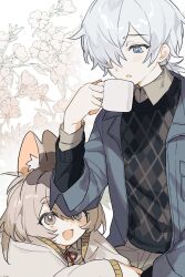 Rule 34 | 1boy, 1girl, :d, animal ear fluff, animal ears, black shirt, blue eyes, blue jacket, blush, bright pupils, brown eyes, brown hair, brown sweater, collared jacket, collared shirt, cup, fang, father and daughter, flower, grey eyes, grey hair, hair over one eye, highres, holding, holding cup, jacket, layered sleeves, long sleeves, looking at another, moshao (sarada1717), mug, neck ribbon, one eye covered, open clothes, open jacket, open mouth, original, plaid, plaid sweater, red ribbon, ribbon, shirt, short hair, sitting, smile, squirrel (jjjjmmn err), sweater, sweater vest, upper body, white background, white hair, white shirt