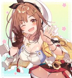 Rule 34 | atelier (series), atelier ryza, atelier ryza 1, beret, breasts, brown eyes, brown gloves, clover hair ornament, fang, gloves, hair ornament, hairpin, hat, large breasts, official art, one eye closed, reisalin stout, riichu, short shorts, shorts, single glove, solo, star (symbol), thighhighs
