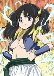 Rule 34 | 1girl, black hair, blue eyes, breasts, chi-chi (dragon ball), cleavage, dragon ball, dragonball z, fusion, hands on own hips, highres, jacket, large breasts, looking at viewer, midriff, navel, no bra, open clothes, open jacket, orange background, pants, smile, twintails, videl, yellow background