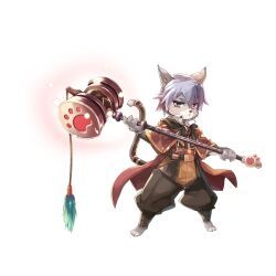 Rule 34 | 1boy, animal ear fluff, animal ears, barefoot, belt, brown belt, brown capelet, brown pants, brown shirt, capelet, cat boy, cat ears, cat tail, closed mouth, frown, full body, furry, furry male, gold trim, grey eyes, grey hair, hair between eyes, hammer, highres, holding, holding hammer, leona (pixiv), looking at viewer, male focus, medium bangs, official art, pants, paw print, ragnarok online, shirt, short hair, simple background, solo, standing, summoner (ragnarok online), tachi-e, tail, tail around own leg, transparent background, v-shaped eyebrows, vambraces