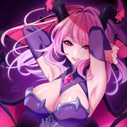 Rule 34 | 0621ff, 1girl, absurdres, akashic chronicle, alice (akashic chronicle), arms behind back, breasts, cleavage, demon girl, demon horns, demon wings, highres, horns, large breasts, lipstick, long hair, looking at viewer, makeup, nail polish, pink eyes, pink hair, pink nails, pixiv username, solo, wings