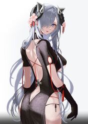 Rule 34 | 1girl, :d, absurdres, ass, august von parseval (azur lane), azur lane, back, backless dress, backless outfit, black dress, black gloves, black ribbon, blue eyes, breasts, butt crack, cowboy shot, dress, elbow gloves, flower, from behind, gloves, grey hair, hair over one eye, highres, horns, large breasts, long hair, looking at viewer, looking back, open mouth, panties, pink flower, ribbon, sankyo (821-scoville), short sleeves, side-tie panties, simple background, smile, solo, underboob, underwear, very long hair, white background
