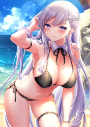Rule 34 | 1girl, arm strap, armpits, azur lane, bare shoulders, beach, belfast (azur lane), bikini, black bikini, black neckwear, blue eyes, blue sky, blush, bracelet, braid, breasts, cleavage, closed mouth, cloud, collarbone, commentary request, covered erect nipples, cowboy shot, day, detached collar, french braid, gluteal fold, groin, jewelry, large breasts, leaning forward, long hair, looking at viewer, navel, neck ribbon, ocean, outdoors, pontaro18, ribbon, rock, side-tie bikini bottom, sidelocks, silver hair, skindentation, sky, smile, standing, stomach, sweat, swept bangs, swimsuit, thigh strap
