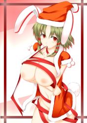 Rule 34 | 1girl, animal ears, breasts, rabbit ears, rabbit tail, christmas, green hair, hat, inverted nipples, large breasts, mouth hold, naked ribbon, nipples, pen (pen3), red eyes, ribbon, santa costume, santa hat, solo, tail