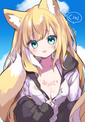 Rule 34 | 1girl, animal ear fluff, animal ears, blonde hair, blush, body writing, breasts, cleavage, cloud, fang, fox ears, fox girl, fox tail, green eyes, highres, jacket, kamiyoshi rika, long hair, looking at viewer, medium breasts, open clothes, open jacket, original, outdoors, sky, smile, solo, tail, unzipping, upper body, white jacket, zipper