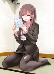 Rule 34 | 1girl, ^ ^, black jacket, black pantyhose, black skirt, breasts, brown hair, closed eyes, collared shirt, commentary request, crotch seam, facing viewer, full body, heart, highres, indoors, jacket, legs, long hair, medium breasts, no shoes, office lady, ol-chan (oouso), oouso, open mouth, original, panties, panties under pantyhose, pantyhose, pencil skirt, pink shirt, shirt, sitting, skirt, smile, solo, tatami, thighs, torn clothes, torn pantyhose, translation request, underwear, wariza