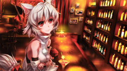 Rule 34 | 1girl, albino, animal ears, bar (place), bare shoulders, cocktail glass, crossed arms, cup, detached sleeves, drinking glass, inubashiri momiji, k2pudding, shirt, short hair, skirt, smile, solo, tail, touhou, white hair, wolf ears, wolf tail