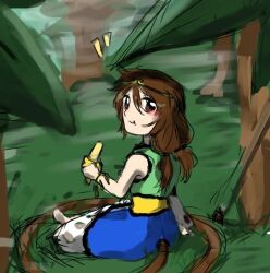 Rule 34 | 1girl, banana, eating, food, fruit, looking at viewer, looking back, peeled banana, solo, son biten, touhou, unfinished dream of all living ghost