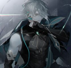 Rule 34 | 1boy, absurdres, alhaitham (genshin impact), anno meiji, aqua hair, armlet, asymmetrical sidelocks, black gloves, black shirt, blood, bridal gauntlets, cable, cape, chest jewel, commentary request, compression shirt, covered abs, fingerless gloves, from side, gem, genshin impact, gloves, gold trim, green cape, green eyes, green gemstone, green sash, grey hair, hair between eyes, hair over one eye, headphones, highres, looking at viewer, male focus, multicolored eyes, multicolored hair, one eye covered, partially fingerless gloves, pectorals, sash, shirt, short hair, sidelocks, signature, single bare shoulder, solo, swept bangs, upper body, wiping blood, wiping face