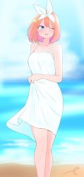 Rule 34 | 1girl, ;d, absurdres, bare arms, bare shoulders, beach, blue eyes, blue sky, blurry, blurry background, blush, breasts, cloud, cloudy sky, commentary request, depth of field, dress, eyebrows hidden by hair, feet out of frame, go-toubun no hanayome, hair ribbon, highres, kujou karasuma, medium breasts, multicolored hair, nakano yotsuba, ocean, one eye closed, open mouth, orange hair, outdoors, purple hair, ribbon, sand, signature, sky, sleeveless, sleeveless dress, smile, solo, standing, teeth, two-tone hair, upper teeth only, water, white dress, white ribbon
