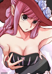 Rule 34 | 1girl, :o, aosora2823, bare shoulders, black dress, black eyes, breasts, brown background, cleavage, collarbone, dress, flower, hand on own hip, hand up, hat, hat flower, highres, large breasts, long hair, one piece, open mouth, perona, pink hair, red hat, simple background, solo, strapless, strapless dress, watch, white flower, wristwatch