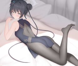 Rule 34 | 1girl, absurdres, bed sheet, black dress, black hair, black pantyhose, blue archive, blush, breasts, butterfly hair ornament, china dress, chinese clothes, doraski, double bun, dragon print, dress, grey eyes, grey halo, hair bun, hair ornament, halo, highres, indoors, kisaki (blue archive), long hair, lying, on stomach, pantyhose, parted lips, pillow, signature, sleeveless, sleeveless dress, small breasts, solo, twintails
