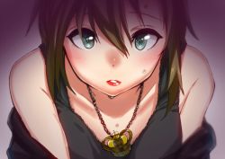 Rule 34 | 10s, 1girl, apple (artist), bare shoulders, black tank top, blush, brown hair, close-up, green eyes, idolmaster, idolmaster cinderella girls, jewelry, lips, looking at viewer, parted lips, red lips, short hair, solo, sweat, tada riina, tank top