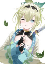 Rule 34 | 1girl, black gloves, blue eyes, commentary request, falling leaves, fingerless gloves, gloves, green hair, hair between eyes, highres, hololive, holox, katana, kazama iroha, kuji-in, leaf, long sleeves, natsuki (natukituki), one eye closed, open clothes, parted lips, sarashi, sheath, sheathed, simple background, solo, sword, sword behind back, virtual youtuber, weapon, weapon on back, white background, wide sleeves