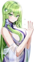 Rule 34 | 1girl, :o, absurdres, blush, breasts, crossed bangs, detached sleeves, fingers together, frog hair ornament, green eyes, green hair, hair ornament, hair over breasts, hair over one breast, hair tubes, hanasaka houcha, highres, kochiya sanae, large breasts, long hair, looking at viewer, open mouth, sidelocks, simple background, sleeveless, snake, snake hair ornament, solo, touhou, upper body, wet, wet clothes, wet hair, white background