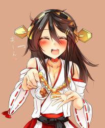 Rule 34 | 10s, 1girl, blush, breasts, brown hair, choker, cleavage, closed eyes, collarbone, detached sleeves, feeding, flying sweatdrops, food, hair ornament, hairband, hairclip, haruna (kancolle), heart-shaped lock, highres, holding, incoming food, jewelry, kantai collection, long hair, looking at viewer, medium breasts, nontraditional miko, open mouth, pov, pov feeding, ring, simple background, smile, solo, spoon, translation request, tsukui kachou, upper body, wedding band