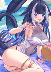 Rule 34 | 1girl, animal ears, ass, bell, belt collar, black hair, blue collar, blue sky, body markings, breasts, canniny, cetacean tail, cleavage, cloud, collar, covered navel, facial mark, fang, fins, fish tail, indie virtual youtuber, jingle bell, large breasts, looking at viewer, multicolored hair, navel, one-piece swimsuit, open mouth, orca girl, purple eyes, see-through, see-through cleavage, see-through swimsuit, shrimp, shylily, shylily (3rd costume), sky, smile, streaked hair, swimsuit, tail, thigh strap, virtual youtuber, water, white hair, white one-piece swimsuit