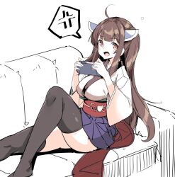 Rule 34 | 1girl, aged up, ajishio, anger vein, breasts, brown eyes, brown hair, comic, couch, feet out of frame, holding, japanese clothes, large breasts, long hair, long sleeves, on couch, open mouth, silent comic, sketch, skirt, solo, speech bubble, spoken anger vein, thighhighs, touhoku kiritan, voiceroid, wide sleeves