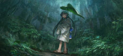 Rule 34 | 1girl, absurdres, bad id, bad pixiv id, blue eyes, blue hair, blue sash, forest, grass, grey kimono, hands in opposite sleeves, highres, japanese clothes, kimono, leaf, long sleeves, looking at viewer, low twintails, moss, nature, obi, original, parted lips, rain, sandals, sash, scenery, shichigatsu, solo, standing, twintails, walking, wide sleeves
