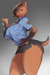 Rule 34 | 1girl, animal ears, asymmetrical hair, black hair, black legwear, black skirt, breasts, brown eyes, brown fur, cuffs, dog ears, dog tail, female focus, furry, furry female, gradient background, grey background, hair over one eye, handcuffs, highres, huge breasts, multicolored hair, necktie, original, parted lips, police, police uniform, red hair, shirt tucked in, sideways glance, skirt, solo, suurin (ksyaro), tail, thick thighs, thighs, twitter username, uniform, wide hips