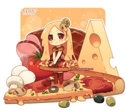 Rule 34 | 1girl, artist name, blonde hair, blush, brown dress, brown eyes, brown thighhighs, cheese, chibi, closed mouth, dav-19, dress, food, food-themed clothes, full body, ham, head tilt, in food, lace background, long hair, looking at viewer, mushroom, no shoes, olive, original, own hands together, personification, pizza, pizza slice, sleeveless, sleeveless dress, smile, solo, standing, swiss cheese, thighhighs, tomato, transparent background, v arms, very long hair, watermark, web address