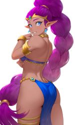Rule 34 | 1girl, armlet, ass, back, bare shoulders, blue eyes, bracelet, braid, cheshirrr, commentary, dark-skinned female, dark skin, earrings, from behind, highres, jewelry, long braid, long hair, looking at viewer, looking back, neck ring, parted lips, pelvic curtain, pointy ears, purple hair, shantae, shantae (series), simple background, single braid, smile, solo, thighlet, very long hair, white background