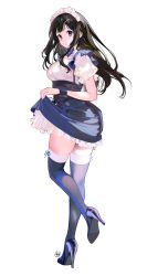 Rule 34 | 1girl, :o, absurdres, alternate costume, blue bow, blue bowtie, bow, bowtie, breasts, chitanda eru, clothes lift, dress, dress lift, enmaided, from behind, full body, hair ornament, hairclip, high heels, highres, hyouka, large breasts, long hair, looking at viewer, looking back, maid, maid headdress, mery (yangmalgage), puffy short sleeves, puffy sleeves, purple dress, purple eyes, purple thighhighs, revision, short sleeves, skindentation, solo, standing, standing on one leg, thighhighs, two-tone thighhighs, white thighhighs, wrist cuffs