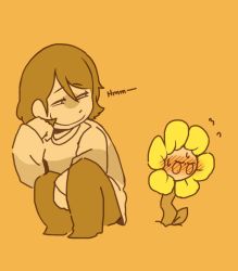 Rule 34 | androgynous, blush, chara (undertale), flower, flowey (undertale), gender request, hand on own face, mamaito, naughty face, shirt, simple background, spoilers, squatting, striped clothes, striped shirt, undertale, you gonna get raped