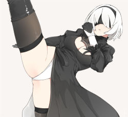 Rule 34 | 1girl, 2b (nier:automata), black dress, black footwear, black gloves, black hairband, black ribbon, black thighhighs, blindfold, boots, breasts, brown thighhighs, cameltoe, cleavage, cleavage cutout, clenched hand, clothing cutout, covered eyes, cowboy shot, dress, gloves, gluteal fold, grey background, groin, hairband, hand up, highleg, highleg leotard, juliet sleeves, leg up, legs apart, leotard, lips, long sleeves, medium breasts, mole, mole under mouth, nier:automata, nier (series), nose, parted lips, pink lips, pod (nier:automata), puffy sleeves, ribbed dress, ribbon, sente, short dress, short hair, side slit, silver hair, simple background, skirt, solo, split, standing, standing on one leg, thigh boots, thighhighs, thighs, vambraces, white leotard