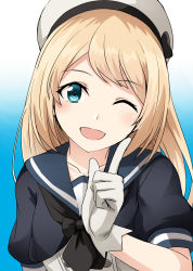 Rule 34 | 1girl, ;d, blonde hair, blue background, blue eyes, blue sailor collar, dress, gloves, gradient background, hat, highres, index finger raised, jervis (kancolle), kamelie, kantai collection, long hair, looking at viewer, one eye closed, open mouth, sailor collar, sailor dress, sailor hat, smile, solo, upper body, white background, white dress, white gloves, white hat