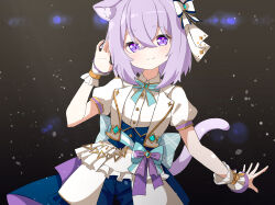 Rule 34 | 1girl, :3, ame., animal ear fluff, animal ears, blue shorts, blush, bow, cat ears, cat girl, cat tail, closed mouth, commentary request, cropped jacket, hair between eyes, hair bow, hand up, highres, hololive, jacket, looking at viewer, nekomata okayu, open clothes, open jacket, puffy short sleeves, puffy sleeves, purple eyes, purple hair, shirt, short sleeves, shorts, smile, solo, tail, virtual youtuber, white bow, white jacket, white shirt, wrist cuffs