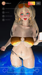 Rule 34 | 1girl, :d, absurdres, bare shoulders, bikini, blonde hair, blush, bracelet, breasts, cellphone, collarbone, earrings, eyeshadow, eyewear on head, fang, goddess of victory: nikke, green eyes, gyaru, hair between eyes, hair ornament, hairclip, highres, holding, holding phone, jewelry, large breasts, livestream, long hair, looking at viewer, makeup, navel piercing, necklace, nugu, o-ring, o-ring bikini, open mouth, phone, piercing, ponytail, red eyeshadow, rupee (nikke), side-tie bikini bottom, smartphone, smile, solo, sunglasses, swimsuit, thigh strap, tongue, tongue out, wading, water, yellow bikini