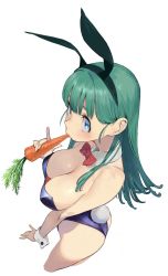Rule 34 | 1girl, animal ears, aqua hair, ass, bare arms, bare legs, bare shoulders, black leotard, blue eyes, blunt bangs, blush, bow, bowtie, breasts, bulma, carrot, cleavage, detached collar, dragon ball, dragon ball (classic), eating, fake animal ears, food, from above, highres, holding, holding carrot, holding food, large breasts, leotard, long hair, looking at viewer, looking up, neck, nonco, playboy bunny, rabbit ears, rabbit tail, red bow, red bowtie, shiny skin, simple background, solo, straight hair, strapless, strapless leotard, tail, white background, wrist cuffs