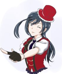 Rule 34 | 1girl, ;), artist name, artist request, black gloves, black hair, blue hair, blush, breasts, chase (love live!), collared shirt, dark blue hair, dress shirt, earrings, female focus, fingerless gloves, gloves, grey eyes, hair ornament, hairclip, half gloves, hat, highres, jewelry, long hair, looking at viewer, love live!, love live! nijigasaki high school idol club, love live! school idol festival, medium breasts, mini hat, mini top hat, necktie, one eye closed, parted lips, pointing, pointing at viewer, ponytail, puffy short sleeves, puffy sleeves, purple neckwear, red gloves, red hat, red shirt, red vest, ribbon, shirt, short sleeves, side ponytail, smile, solo, suspenders, top hat, triangle earrings, upper body, vest, white background, wing collar, wink, yuki setsuna (love live!)