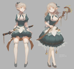 Rule 34 | 2girls, bad id, bad pixiv id, blue eyes, breasts, brown hair, choker, cleavage, doll joints, dress, echosdoodle, english text, full body, green dress, green ribbon, hair ribbon, hair up, head tilt, high heels, holding, holding staff, holding sword, holding weapon, joints, looking away, looking to the side, medium breasts, multiple girls, original, over-kneehighs, parted lips, pocket watch, puffy short sleeves, puffy sleeves, ribbon, sheath, sheathed, shoes, short sleeves, signature, staff, sword, thighhighs, watch, weapon, white legwear