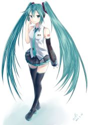 Rule 34 | 10s, 1girl, 2016, 28aarts, aqua eyes, aqua hair, aqua necktie, asymmetrical sleeves, black skirt, black thighhighs, dated, detached sleeves, hair ornament, hand in own hair, hatsune miku, long hair, looking at viewer, necktie, pleated skirt, shirt, signature, simple background, skirt, smile, solo, thighhighs, twintails, uneven sleeves, vocaloid, white background, white shirt, zettai ryouiki