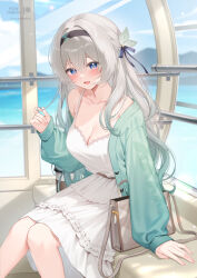 1girl alternate_costume aqua_cardigan artist_logo bare_shoulders black_bow black_hairband blue_eyes blue_pupils blue_sky blush bow breasts brown_bag cardigan collarbone commentary_request day dress feet_out_of_frame ferris_wheel firefly_(honkai:_star_rail) gradient_hair green_hair grey_hair hair_between_eyes hair_bow hairband highres honkai:_star_rail honkai_(series) large_breasts logo looking_at_viewer multicolored_hair open_cardigan open_clothes open_mouth paid_reward_available playing_with_own_hair shrimp_cake sitting sky smile solo white_dress