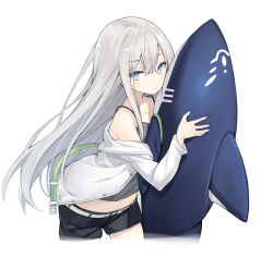Rule 34 | 1girl, arm up, blue eyes, camisole, commentary request, cropped legs, inflatable shark, inflatable toy, jacket, long hair, looking at viewer, midriff, off shoulder, open clothes, open jacket, original, poco (asahi age), shark fin, shorts, silver hair, simple background, solo, standing, very long hair, white background, white jacket