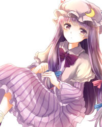 Rule 34 | 1girl, bow, capelet, crescent, dress, hair ribbon, hat, kashiwagi chisame, long hair, long sleeves, looking at viewer, mob cap, patchouli knowledge, purple dress, purple eyes, purple hair, ribbon, simple background, sitting, solo, striped clothes, striped dress, touhou, tress ribbon, very long hair, wide sleeves