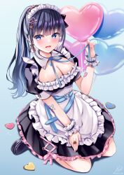 Rule 34 | 1girl, :d, apron, arrow (symbol), arrow through heart, balloon, belt, belt buckle, black dress, black footwear, black hair, blue background, blue belt, blue eyes, blue hair, blue ribbon, blush, breasts, buckle, cleavage, commentary request, dress, frilled dress, frills, full body, gradient hair, hair ornament, hand up, heart, heart-shaped buckle, heart balloon, heart hair ornament, highres, loafers, long hair, looking at viewer, maid, maid apron, maid headdress, medium breasts, multicolored hair, nail polish, neck ribbon, open mouth, original, pink nails, ponytail, puffy short sleeves, puffy sleeves, ribbon, sakura hiyori, shoes, short sleeves, signature, simple background, sitting, smile, solo, twitter username, very long hair, wariza, white apron, wrist cuffs