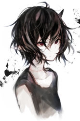 Rule 34 | 1girl, black hair, black shirt, blouse, collarbone, earrings, expressionless, eyelashes, hasunokaeru, highres, horns, jewelry, looking at viewer, messy hair, original, pale skin, pointy ears, red eyes, scar, shirt, short hair, solo, stitches, white background